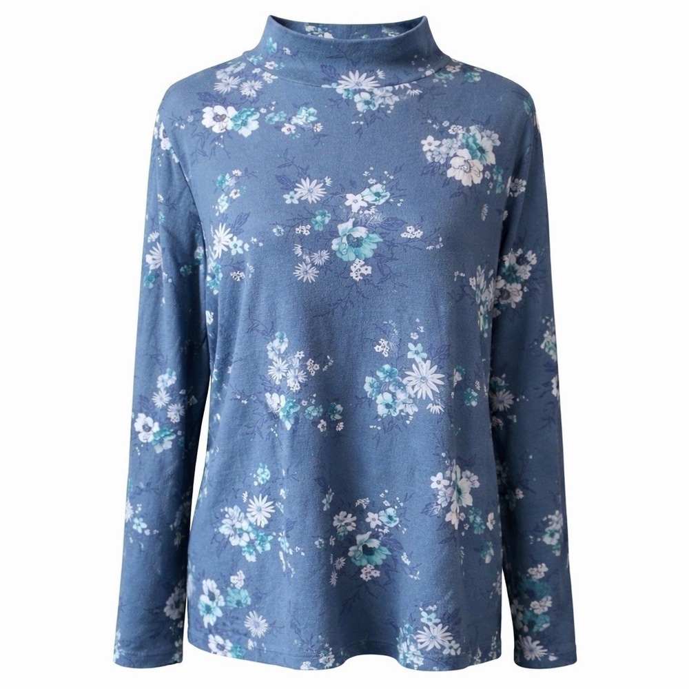 Croft & Barrow Women Size XL Blue Floralโ Mock Neck Long Sleeve Cotton Pullover - Picture 2 of 15
